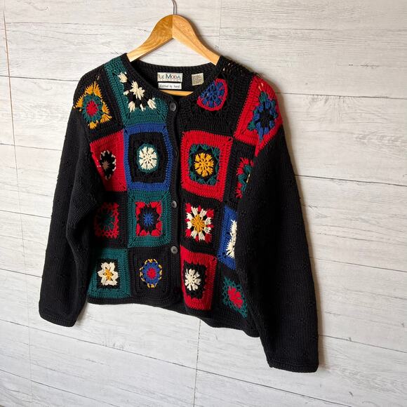 Le Moda Sweater Womens Size Medium Vintage Black Knitted by Hand Granny Square - Picture 4 of 16